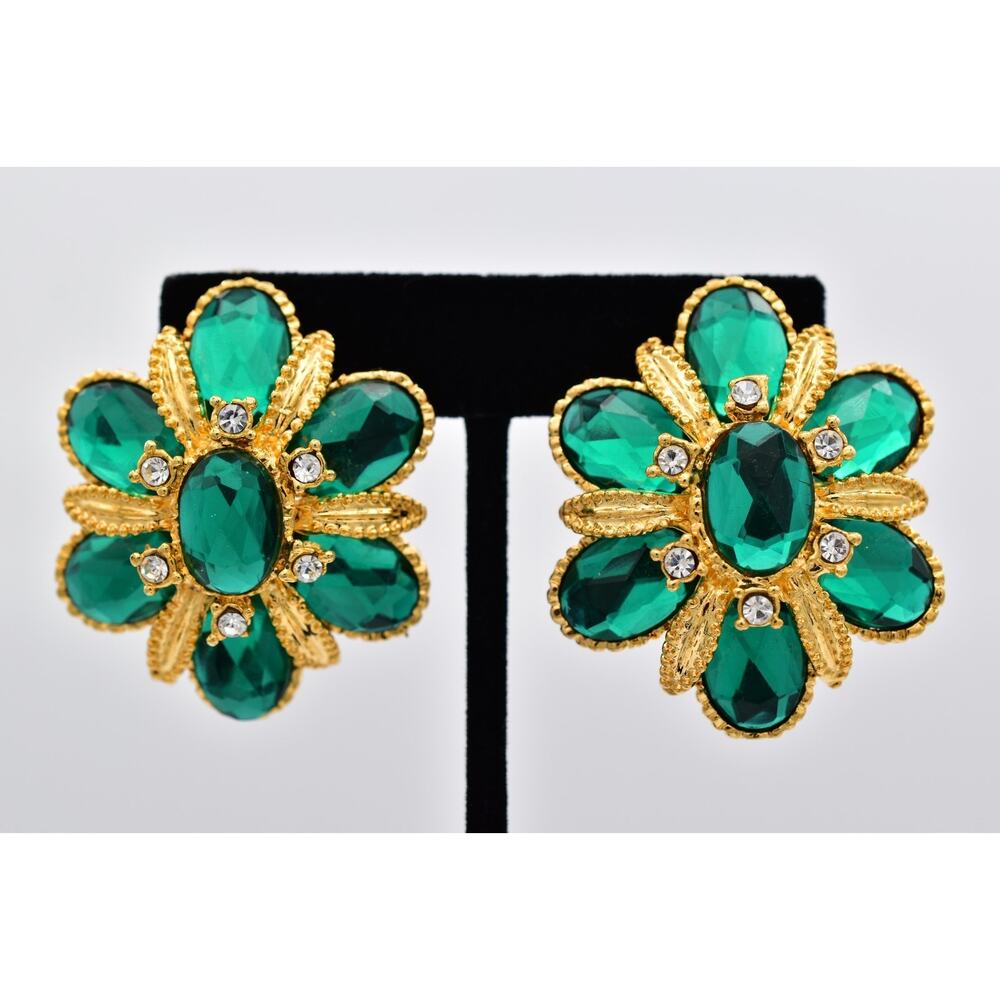 Vintage Green Crystal Flower Clip On Earrings Chunky Gold Floral 80s 1980s BinAF
